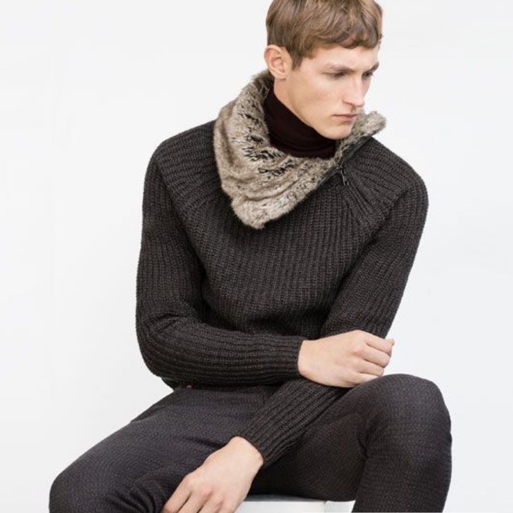 Zara Man Sz M Faux Fur collar side zip textured sweater
